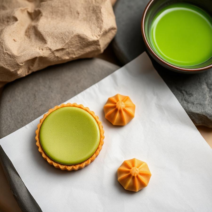 Matcha tart and wagashi on washi paper beside a bowl of matcha