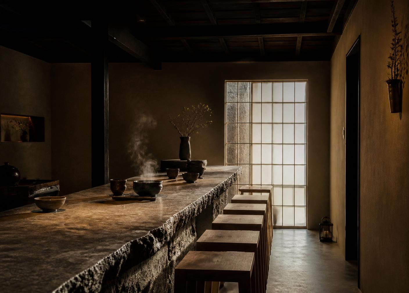 The Verdelune tea bar in Kyoto: a long raw stone counter with ceramic bowls and steam